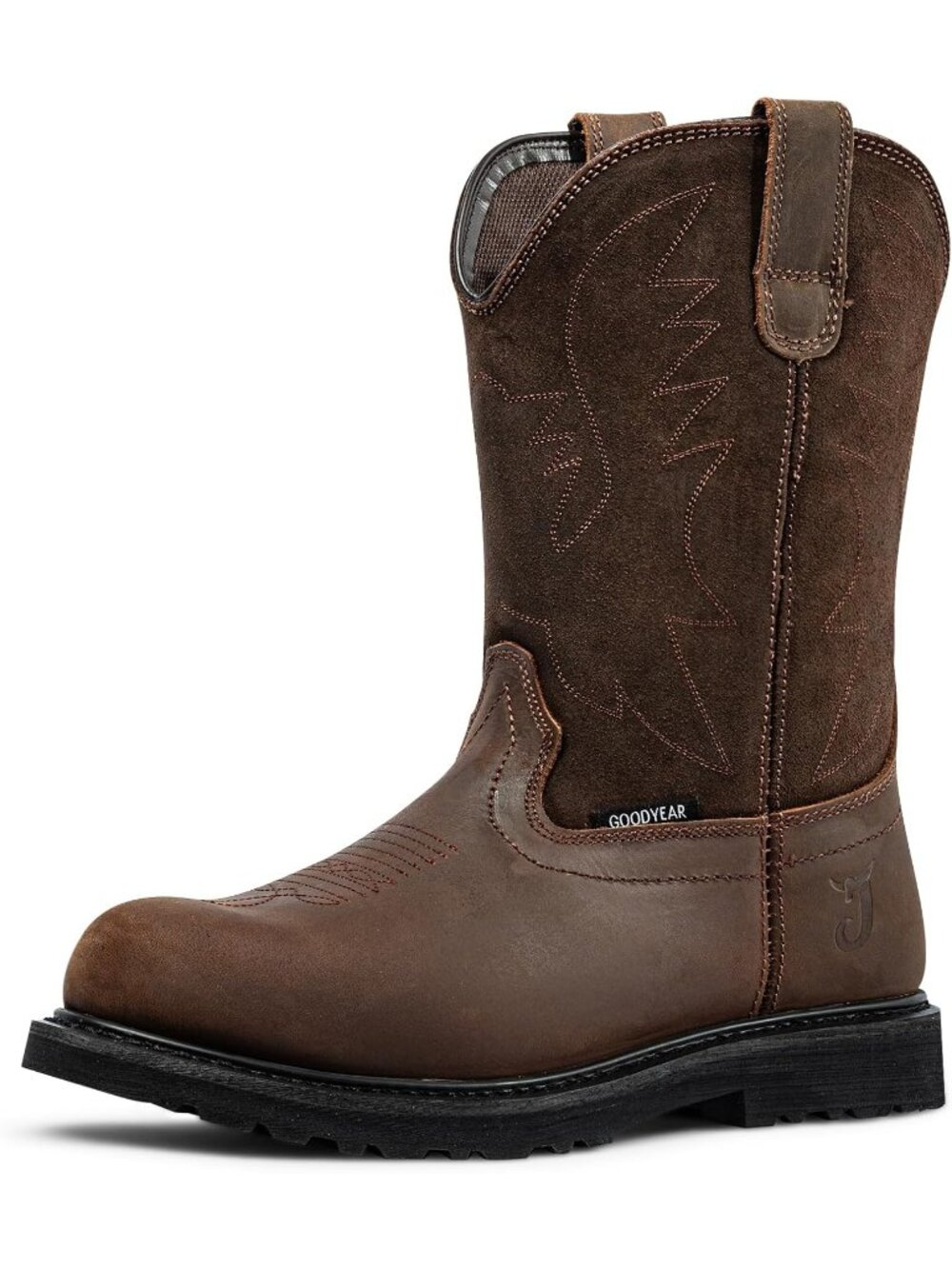 Men’s Brown Leather Western Cowboy Work Boots Round Toe Pull On Non Slip Rubber